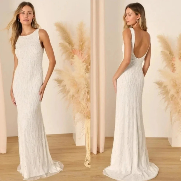 Lulus Glamourous Ever After White Sequin Beaded Backless Maxi Dress Wedding - Picture 1 of 12